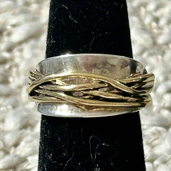 Premier Designs Silver and Gold Wide Band Wire Look Ring, Size 8 - Picture 2 of 4